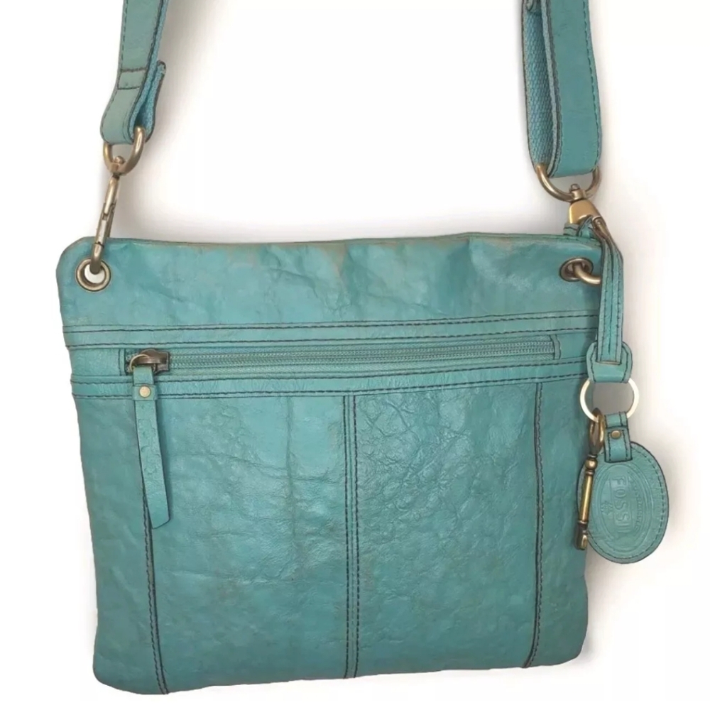 Fossil Sasha Turquoise Distressed Leather Purse Crossbody Bag Coastal Cowgirl - Picture 3 of 14